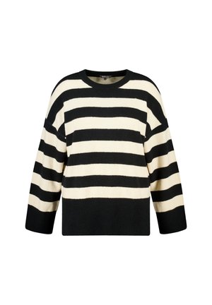 Zwart en crèmewit gestreepte trui met ronde hals, losse pasvorm en brede mouwen, gemaakt van zacht materiaal met een gladde textuur.