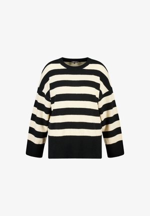 Zwart en crèmewit gestreepte trui met ronde hals, losse pasvorm en brede mouwen, gemaakt van zacht materiaal met een gladde textuur.