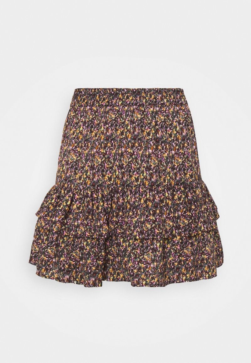 Bloemprint rok met een donkere achtergrond en levendige kleuren, een gerimpelde zoom en een elastische tailleband voor een comfortabele pasvorm.