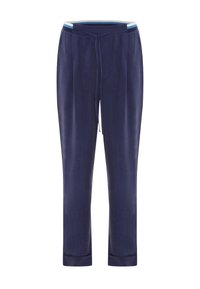 Pantaloni jogger in lino blu navy con vita regolabile mediante cordino, dettagli in azzurro chiaro sulla vita e caviglie affusolate.