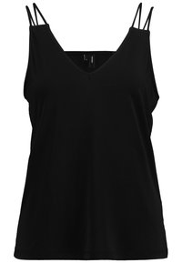 Svart ärmlös topp med V-ringning, med tunna axelband och lös passform. Tillverkad av mjukt tyg med en slät yta.