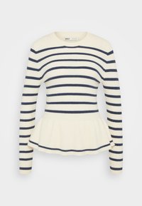 Pull rayé avec un ourlet en peplum. Base crème avec des rayures horizontales bleu marine. Manches longues et encolure ronde. Texture douce.