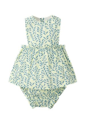 Robe barboteuse sans manches pour bébé avec motif de feuilles bleues sur tissu blanc, taille et ouvertures des jambes élastiquées.