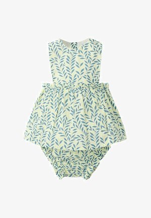 Salopetă fără mâneci pentru bebeluși, cu model albastru cu frunze pe țesătură albă și talie și deschideri la picioare elastice.