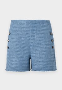 Pantaloni corti blu intrecciati con tessuto testurizzato, orlo sfrangiato e quattro bottoni decorativi sul lato per un tocco in più.