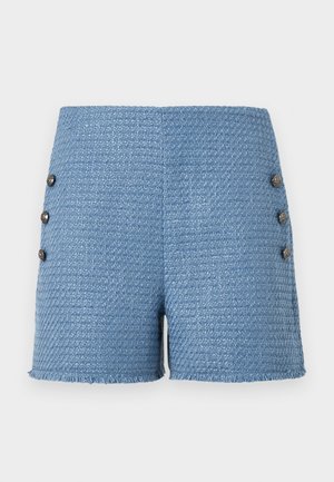 Blue woven shorts featuring a textured fabric, frayed hem, and four decorative buttons on the side for added detail.