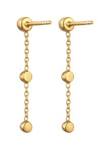 Goldkettchen-Ohrringe mit runden Akzenten, einem Tropfen-Design und einem polierten Finish. Die Ketten verbinden zwei glatte, runde Elemente.