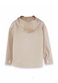 Camicia beige con cappuccio e maniche lunghe, dotata di polsini con bottone, realizzata in un tessuto strutturato e con una vestibilità morbida. La parte posteriore è liscia e senza cuciture.