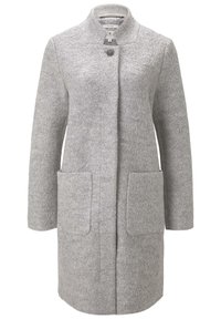 Grå ullkappa med krage, framknäppning med knappar, två framfickor och rak silhuett. Mjuk, texturerad tyg med en ren design.