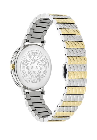 Μεταλλικό βραχιόλι δίχρωμο σε ασημί και χρυσό με στρογγυλή πίσω θήκη από ανοξείδωτο ατσάλι που φέρει χαραγμένο το λογότυπο κεφαλής Μέδουσας.