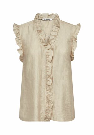 Ärmellose beige Bluse aus strukturiertem Stoff mit Rüschenbesatz entlang des V-Ausschnitts und an den Armlöchern, Markenetikett innen am Kragen sichtbar.