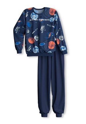 Navy zwei-teiliges Schlafanzug-Set mit einem Sweatshirt mit Grafik von Planeten, einem Astronauten und dem Text "STAR GRAZER"; elastische Bündchen und Hosen.