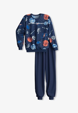 Navy zwei-teiliges Schlafanzug-Set mit einem Sweatshirt mit Grafik von Planeten, einem Astronauten und dem Text "STAR GRAZER"; elastische Bündchen und Hosen.