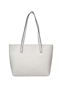 Witte faux leren schoudertas met twee lange handvaten, zwarte rand langs de randen, rechthoekige vorm en een gladde textuur.