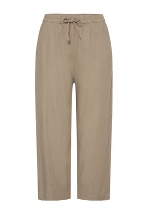 Pantalon beige décontracté avec taille élastique et cordon, coupe droite, longueur mi-hauteur, tissu léger.