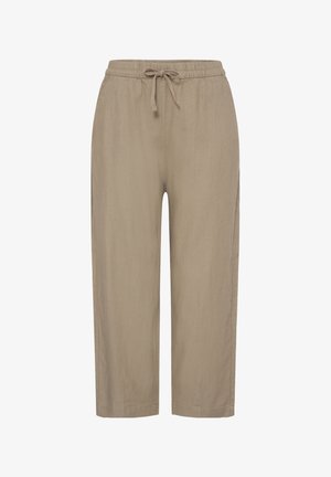 Pantalon beige décontracté avec taille élastique et cordon, coupe droite, longueur mi-hauteur, tissu léger.