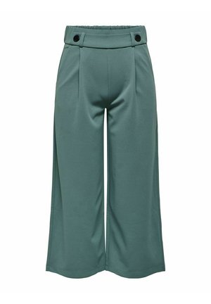 Spodnie o szerokich nogawkach, skrócone, w stonowanym zielonym kolorze, z wysokim elastycznym pasem i ozdobnymi czarnymi guzikami z przodu.