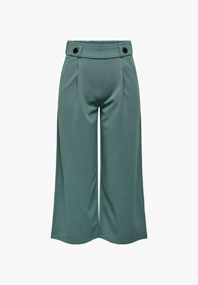 Pantalon à jambes larges et coupe courte en vert discret avec taille haute élastique et boutons noirs décoratifs à l'avant.