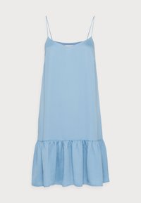 Abito senza maniche di colore azzurro chiaro, realizzato in un tessuto morbido; presenta un orlo arricciato a campana e sottili spalline regolabili. Design semplice e leggero.