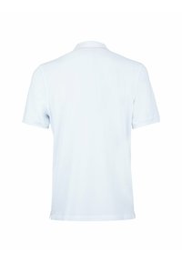 Polo shirt bianco a maniche corte con colletto, caratterizzato da una texture liscia e un sottile dettaglio di cucitura. La vista posteriore mostra una vestibilità standard.