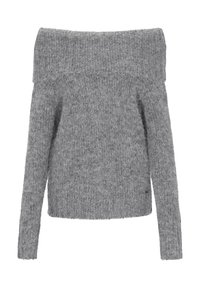 Szürke, vállról lelógó pulóver, mely texturált kötött anyagból készült. Hosszú ujjak és kényelmes, laza szabás jellemzi.