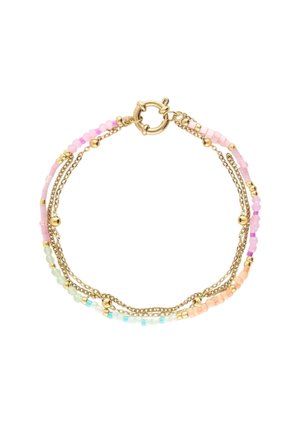 Braccialetto delicato con catene d'oro e perline pastello multicolori, fissato con una chiusura rotonda in oro.