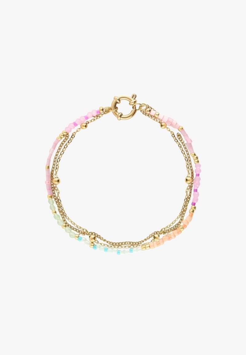 Braccialetto delicato con catene d'oro e perline pastello multicolori, fissato con una chiusura rotonda in oro.