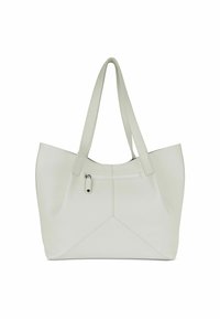 Borsa a spalla in pelle grigia chiara con superficie testurizzata, design angolare e doppi manici. Presenta una tasca anteriore con zip e linee pulite.