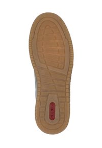 La suola in gomma delle sneaker presenta un motivo texturizzato di colore marrone chiaro con un logo del marchio rosso. La forma include scanalature per una migliore trazione e stabilità.