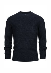 Marineblauwe gebreide trui met een gestructureerd visgraatpatroon, geribbelde manchetten en onderrand, en een ronde halslijn, gemaakt van een zachte composietmaterialen.