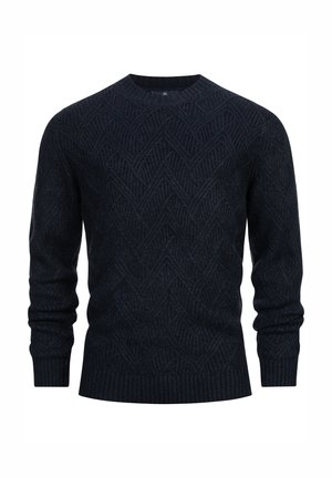 Marineblauwe gebreide trui met een gestructureerd visgraatpatroon, geribbelde manchetten en onderrand, en een ronde halslijn, gemaakt van een zachte composietmaterialen.