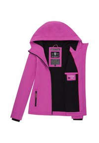 Veste à capuche violette avec doublure intérieure noire, fermeture éclair frontale, poche latérale zippée et étiquettes de marque visibles à l'intérieur.