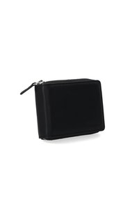 Black leather wallet with a rectangular shape, zip closure, and embossed logo details. Smooth texture and minimalistic design.