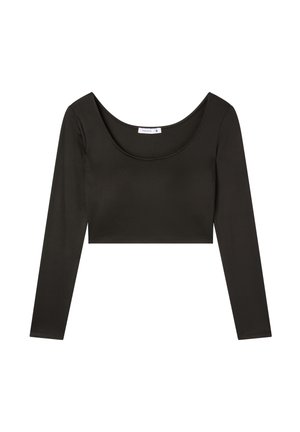 Top nero a maniche lunghe cropped realizzato in tessuto liscio, con scollatura ampia a vogatore e silhouette aderente. Nessun motivo o decorazione aggiuntiva.
