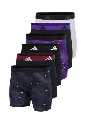Seks par Adidas boxershorts i forskellige farver og mønstre, arrangeret i en trappestillet lodret række mod en hvid baggrund.