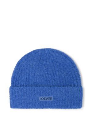 Blaue gestrickte Mütze mit umgeschlagenem Rand und einem kleinen rechteckigen Etikett mit der Aufschrift "10DAYS" vorne in der Mitte.