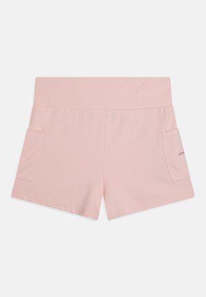 Világos rózsaszín sportnadrág széles derékkal, két oldalsó zsebbel és sima textúrával. A oldalán minimális márkajelzés található.