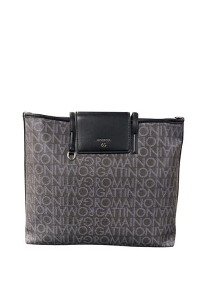 Borsa tote rettangolare grigia e nera con motivo a testo ripetuto "GATTINONI ROMA" e patta in pelle nera con emblema del logo argentato.