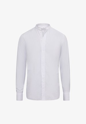 Biała koszula z długim rękawem i kołnierzykiem typu band, z cienkimi pionowymi paskami, z zapięciem na guziki oraz gładką bawełnianą fakturą.