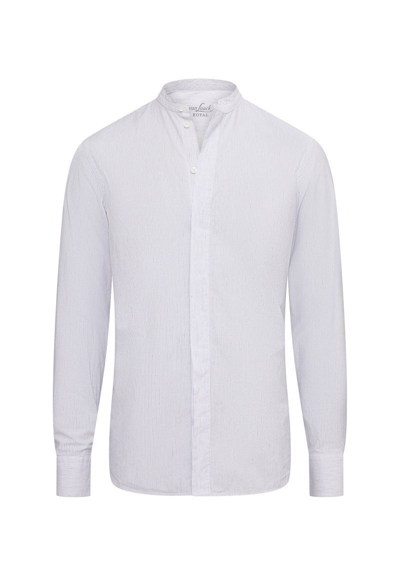 Camicia bianca a maniche lunghe con colletto alla coreana, caratterizzata da sottili righe verticali, chiusura con bottoni e una texture in cotone liscia.