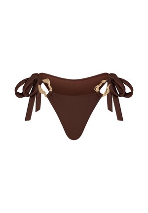 Brown bikini bottom in smooth fabric with decorative gold-tone hardware and tie details on the sides. Features a low-rise cut.