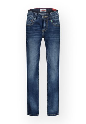 Jeans in denim blu scuro con design a gamba dritta, caratterizzati da leggere scoloriture, cinque tasche e chiusura con bottone in vita.