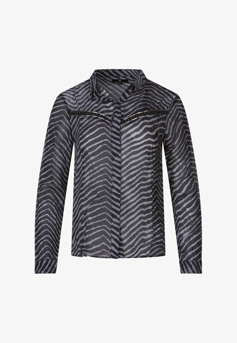 Chemise à manches longues en noir et gris transparent présentant un motif de rayures zèbre et un col avec des détails accentués autour du dos.