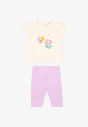 T-shirt bébé crème avec impression d'abeille et de fleur, associé à des leggings bébé violet clair.