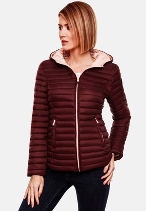 Burgundy padded jacket with a light pink hood and lining, featuring zippered pockets and a structured fit. Textured quilted design.