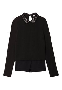 Black long-sleeve sweater with a textured collar featuring gem embellishments; includes a back keyhole and layer detail at the hem.