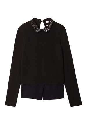 Maglione nero a maniche lunghe con colletto testurizzato e decorazioni con gemme; include una apertura a goccia sul retro e dettagli a strati all'orlo.
