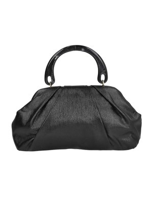 Bolso de mano tipo clutch negro texturizado con un asa superior curva y brillante sujeta por anillos de metal sobre un fondo blanco.