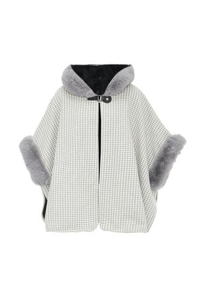 Poncho dengan pola houndstooth dalam kain abu-abu terang, dilengkapi dengan hood dan manset bulu sintetis abu-abu yang lembut, serta penutupan dengan satu kancing di leher.