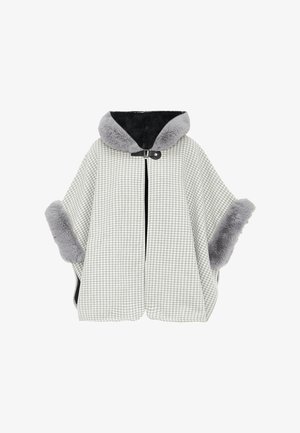 Világosszürke színű, sakktáblaszerű mintázatú poncsó, puha szürke műszőrme kapucnival és mandzsettákkal, valamint egy gombos záródással a nyaknál.